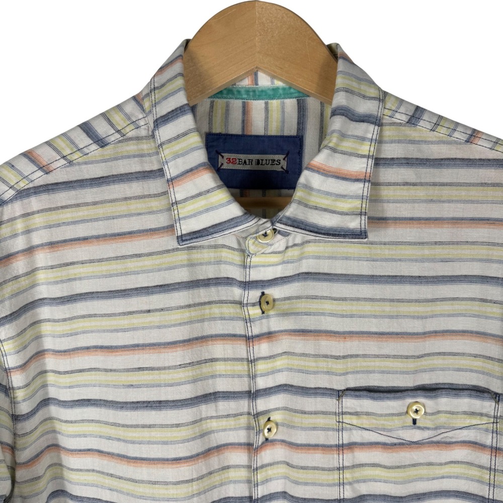 32 Bar Blues Long Sleeve Cotton Linen Striped Button Down Shirt Mens L Turkey